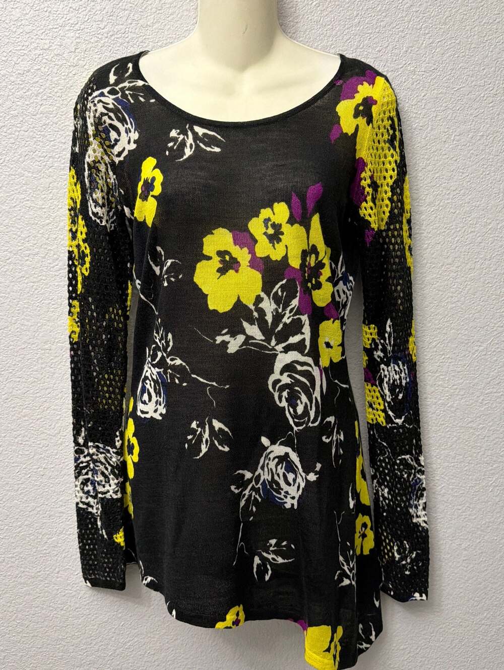 INC International Concepts Floral Print Open Knit Mesh Sleeve Pullover Sweater